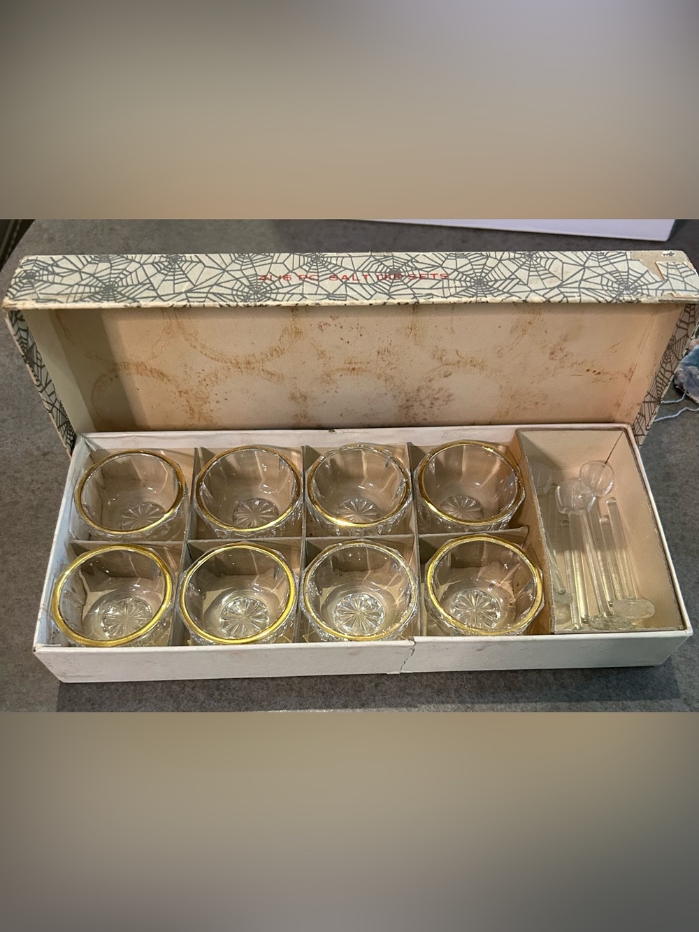 Vintage Boxed Set of 8 Pressed Glass Salt Cellars & Dips -10 Sided & Gold Trim